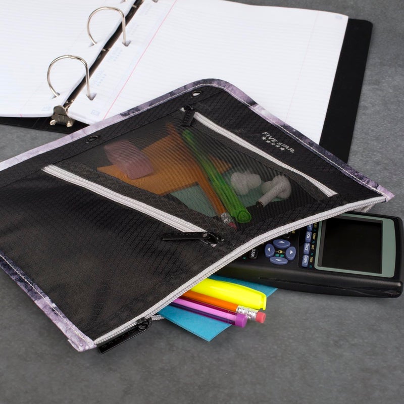 Five Star Pencil Pouch, Pen Case, Storage Organizer for Classroom Supplies Earbuds Chargers Cables Makeup, 3-Pocket, Fits 3 Ring Binder, Black/Grey (506420A-ECM) - Image 5